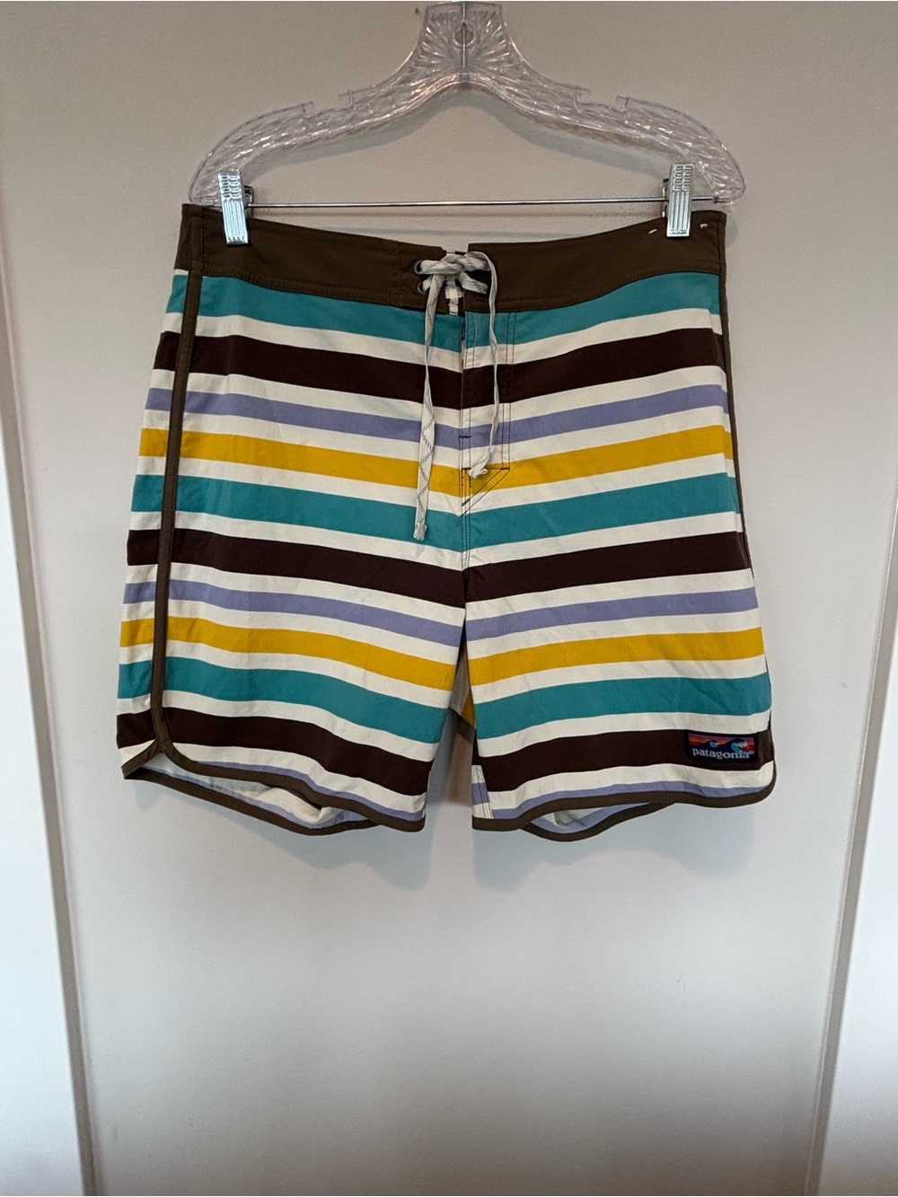 NEW Patagonia Men’s Brown, Teal & Yellow Striped Board Shorts